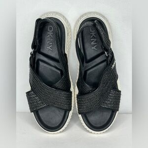 DKNY Malai Woven‎ Crisscross Slingback Platform Sandal Black White Sz 8 1/2